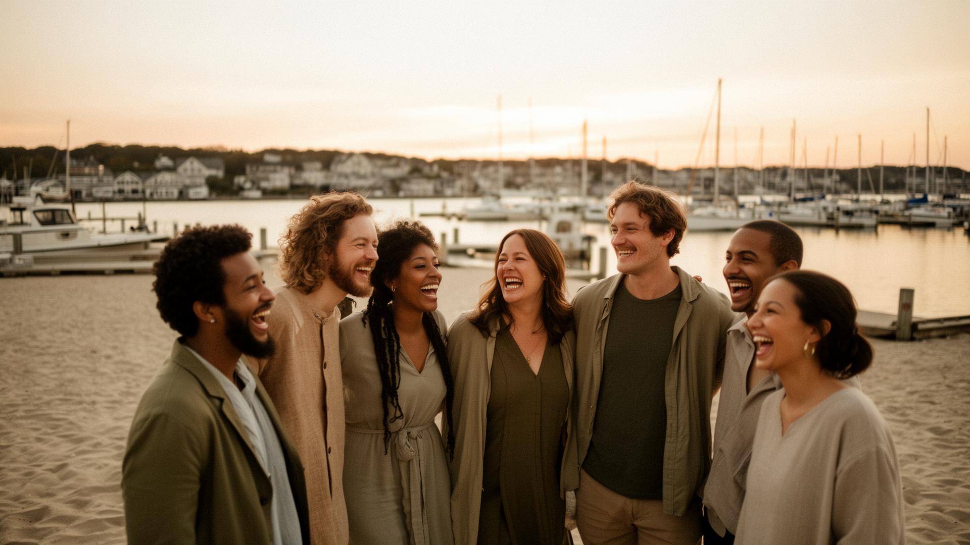 A group of friends laughing together on the Black Rock waterfront at golden hour
